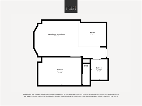 Floor plan for 1 bed, 1 bath, 368 sqft